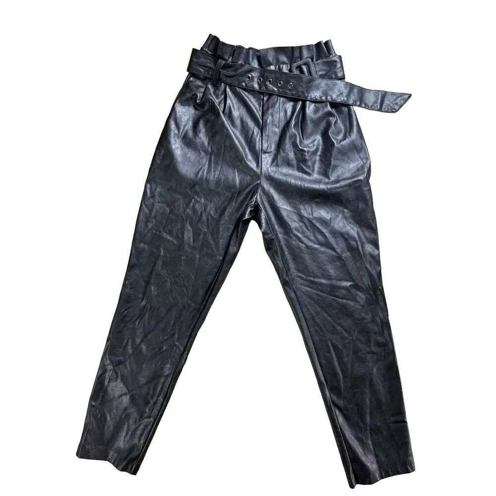 DO+BE Black Leather Paperbag Pants Size M Belted Tapered High Rise Moto